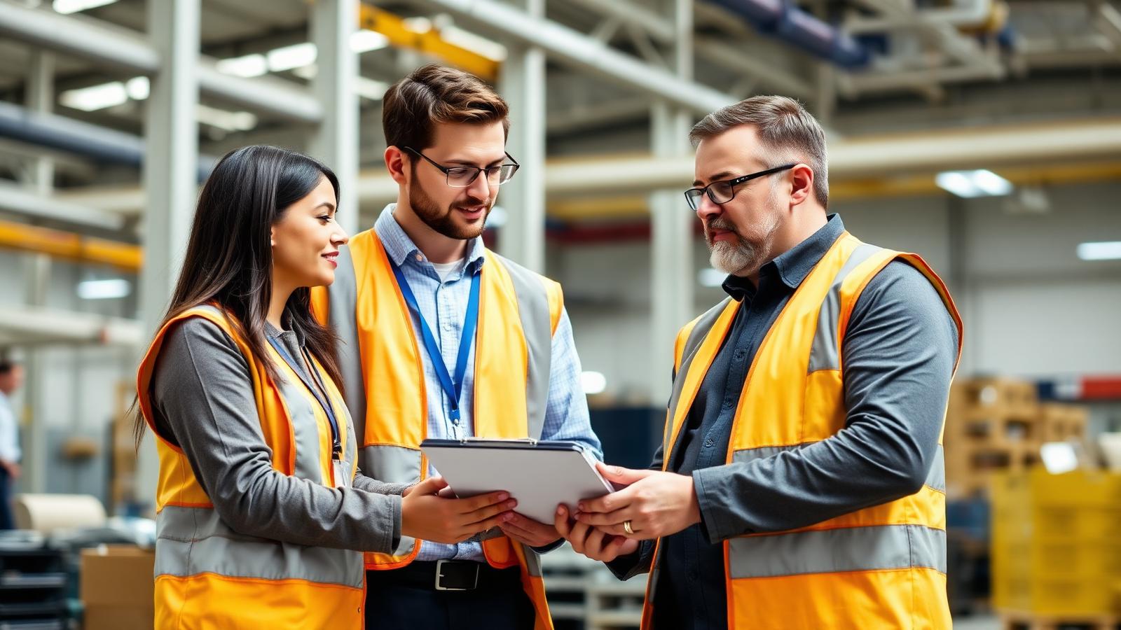 Workforce consultant briefing an employer site manager on a shift schedule inside a modern UK operational facility