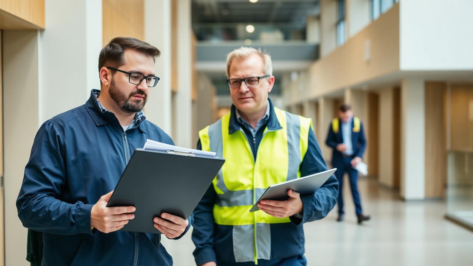 Facilities supervisor and colleague carrying out a documented quality walkaround inspection in a modern UK commercial building