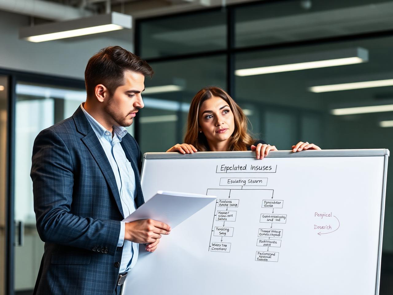 Two operations managers working through an escalation flow at a whiteboard