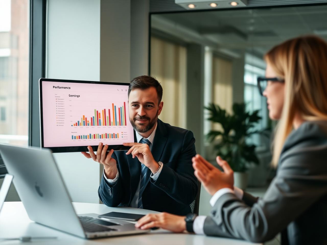 Manager presenting a straightforward performance report to a client colleague