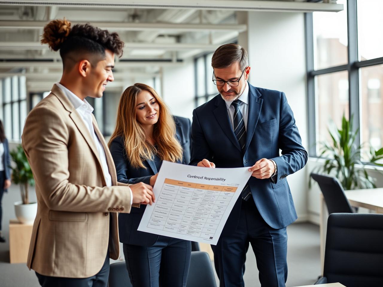 Managers agreeing named contract responsibilities over a printed responsibility matrix