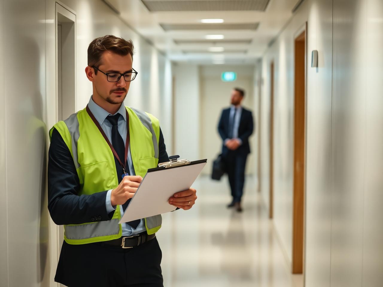 Supervisor checking a service standards checklist in a clean commercial building corridor