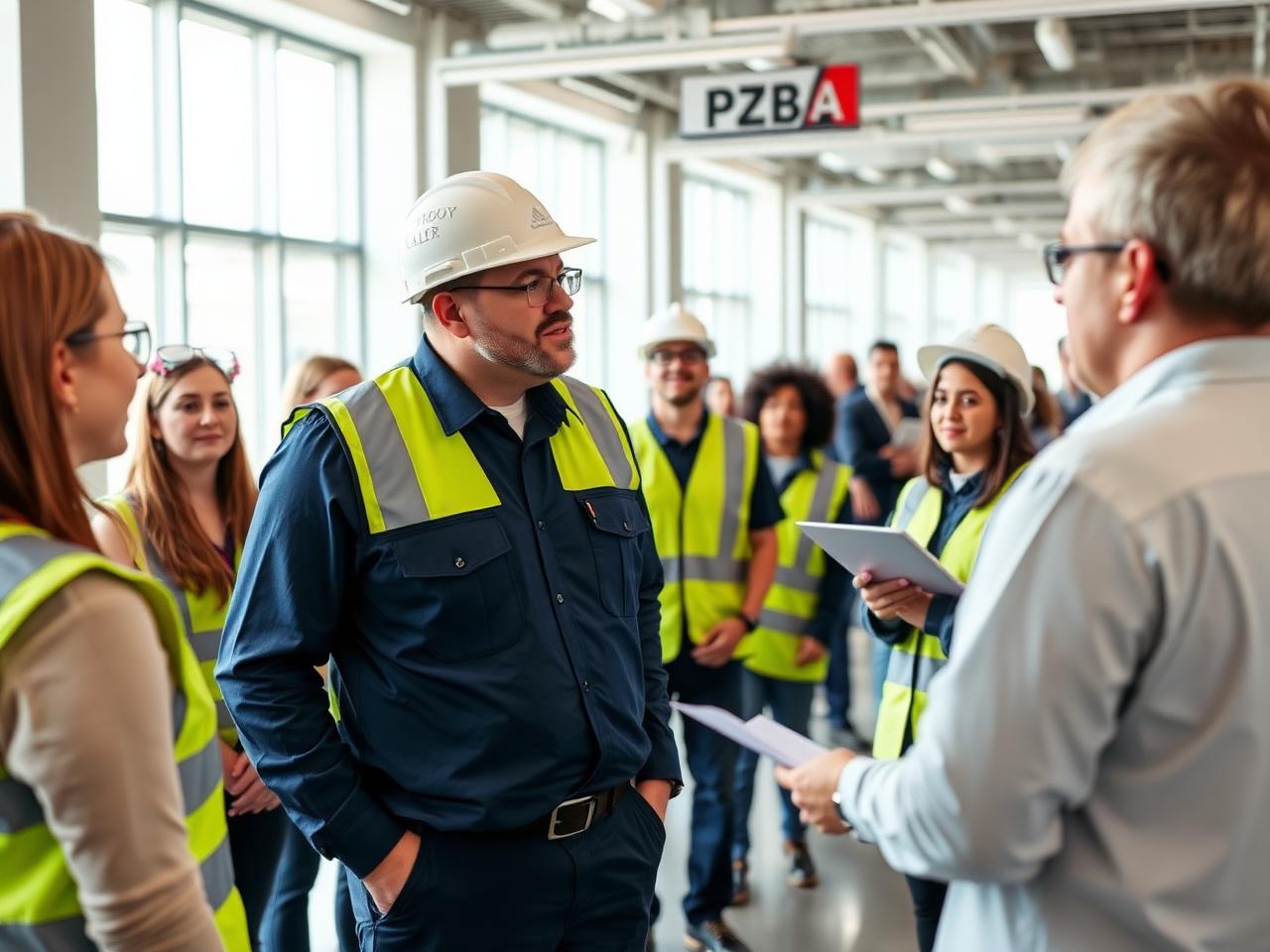 Site supervisor briefing a facilities team and checking standards in person
