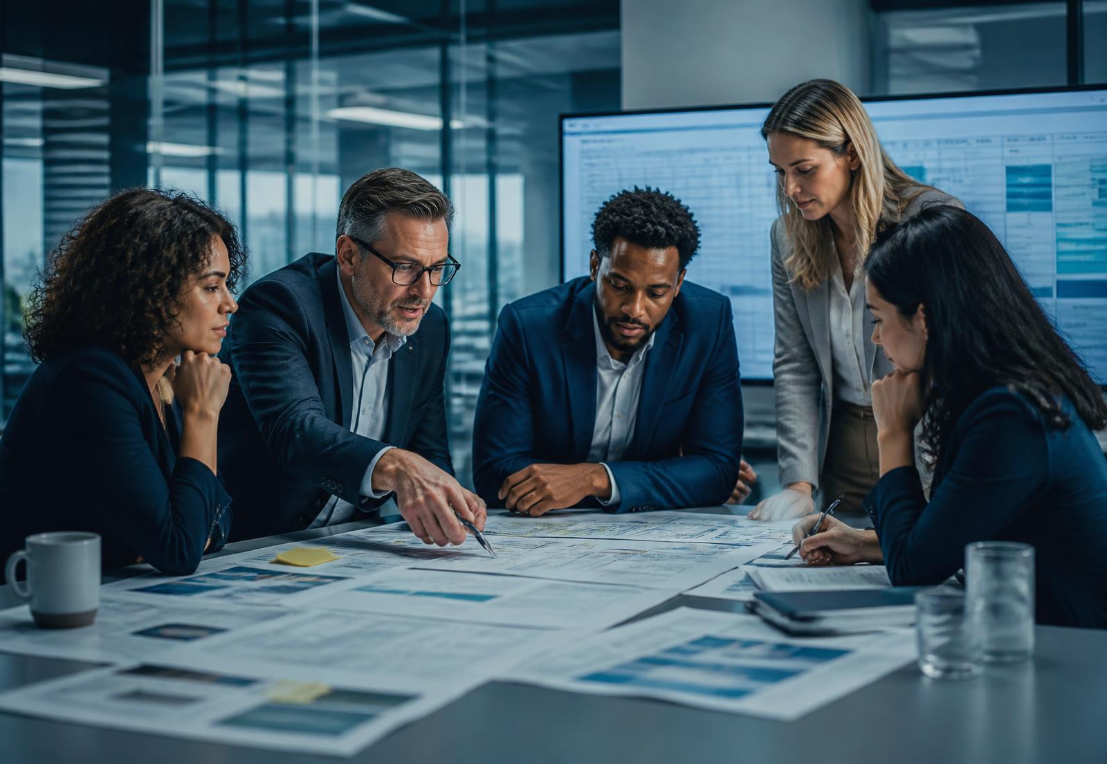 Senior operations professionals and client stakeholders discussing an operational challenge around a meeting table with printed plans and laptops