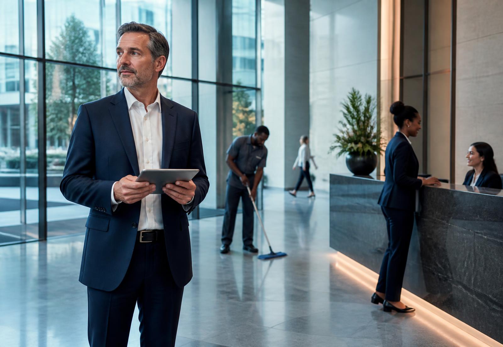 Modern commercial office lobby with reception staff and a cleaning operative maintaining the space