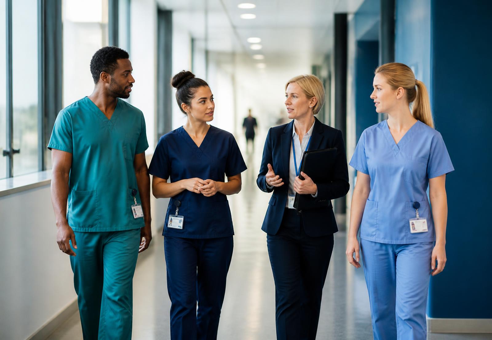 Healthcare support staff and a service manager walking through a modern hospital corridor