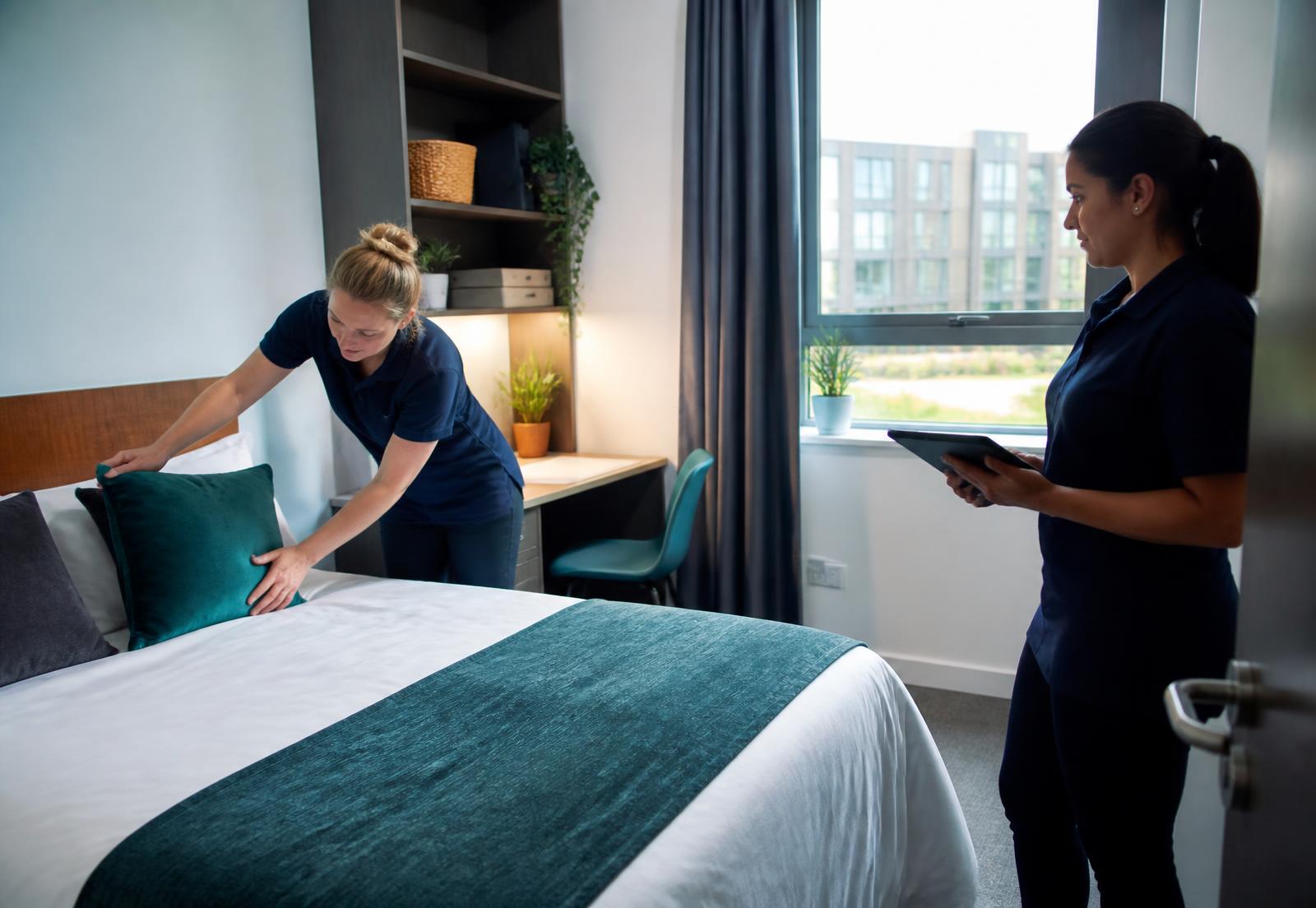 Housekeeping team preparing a student accommodation bedroom while a supervisor checks room readiness on a tablet