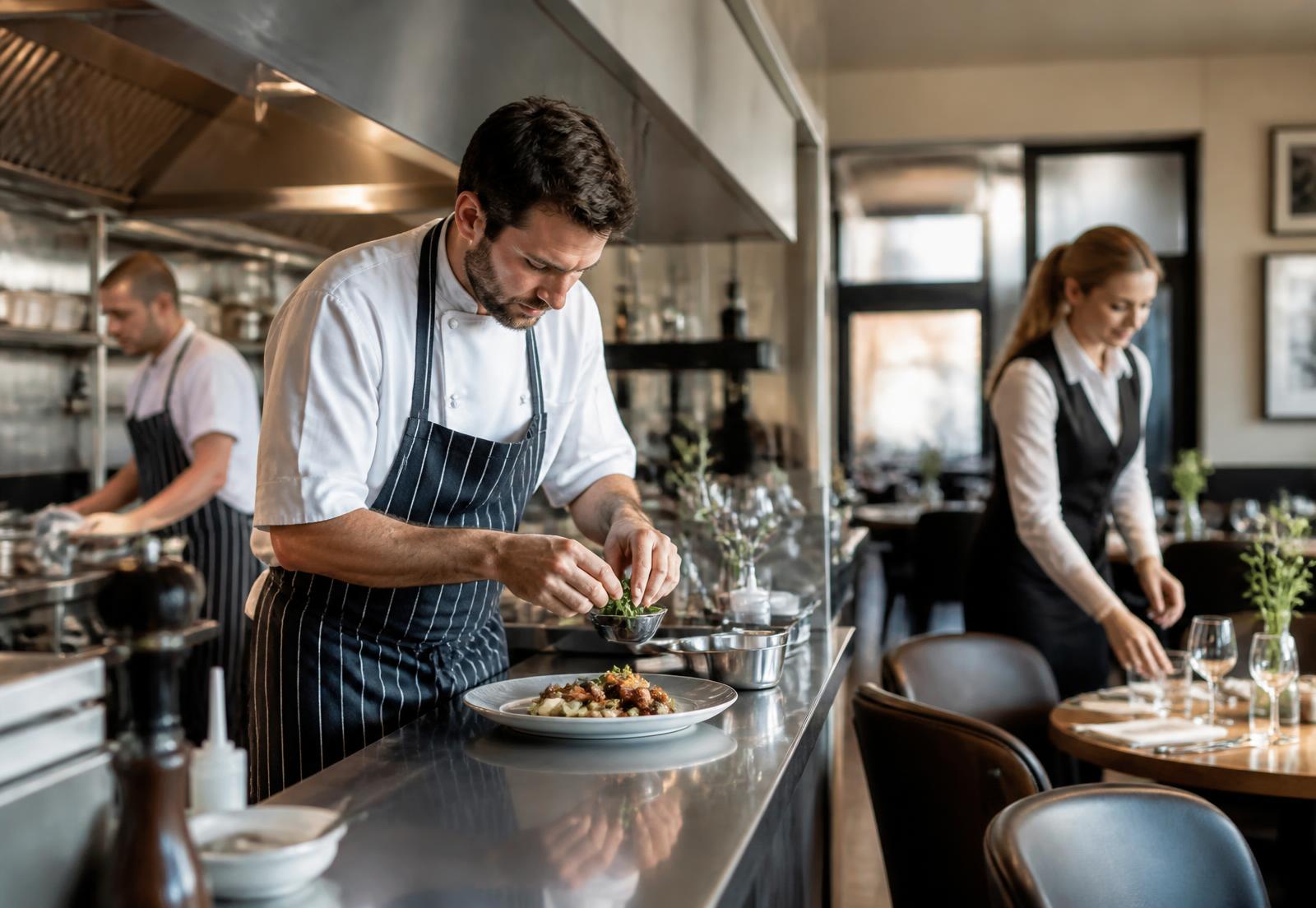 Chef plating a dish in a commercial kitchen with front of house staff preparing the dining room