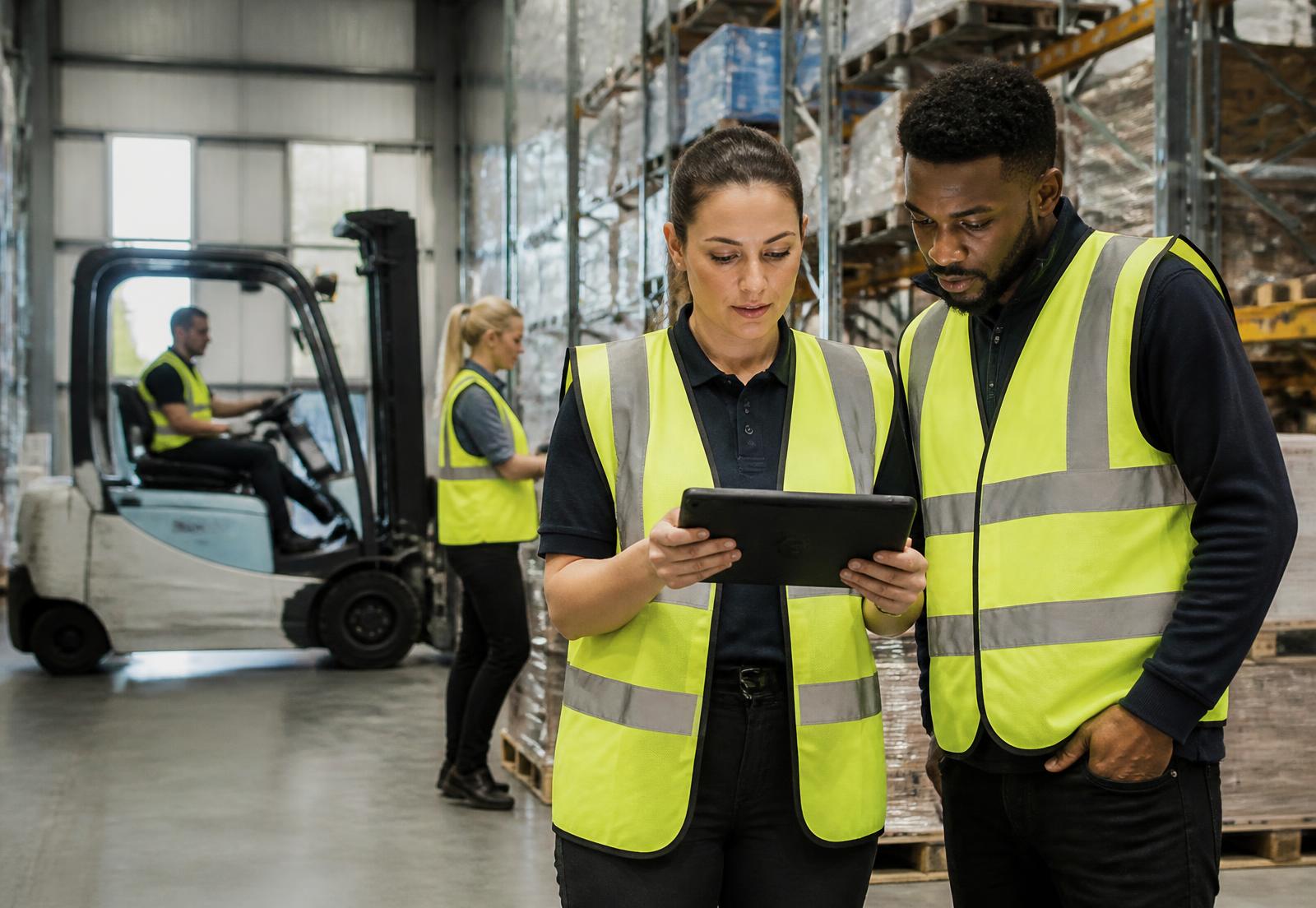Warehouse operatives in hi-vis and PPE reviewing a shift plan in a modern distribution centre