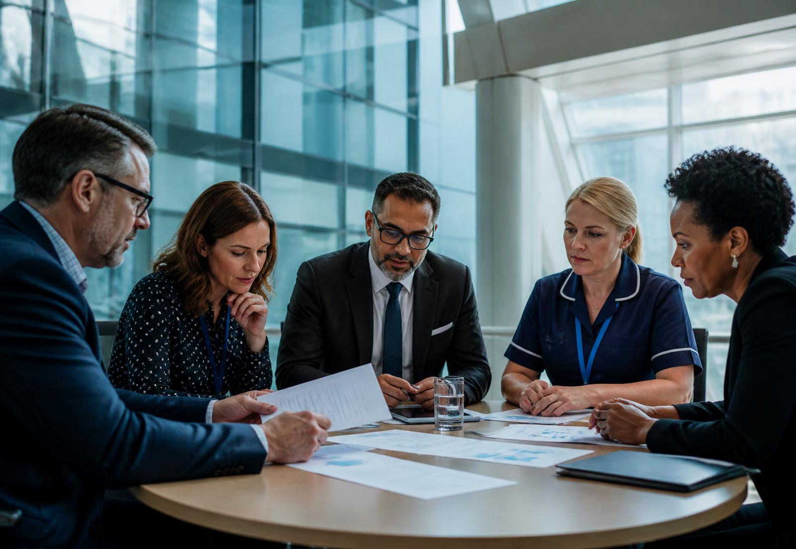 Public sector professionals reviewing contract performance documents in a modern civic building