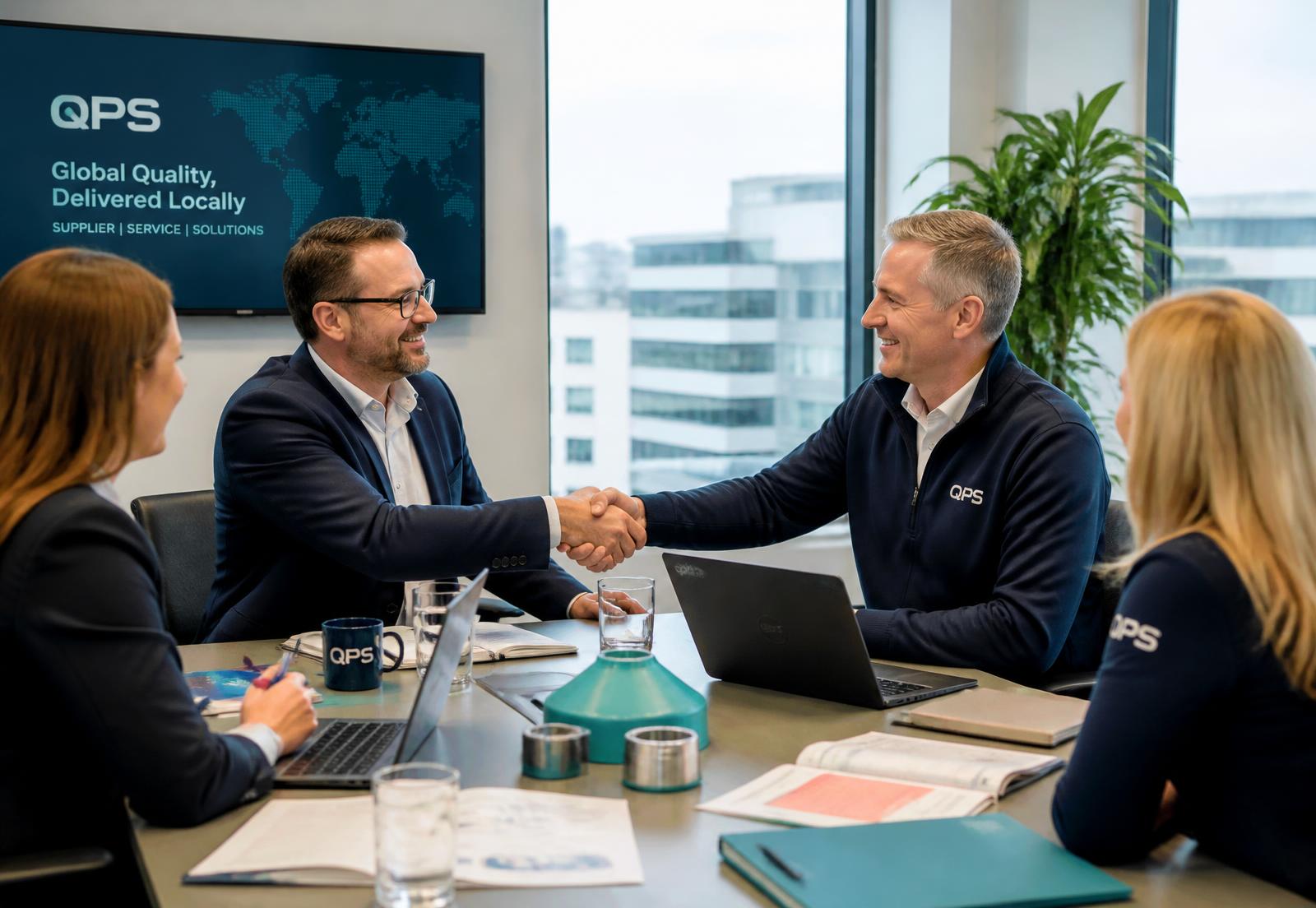Business partners reviewing supply and service delivery agreements in a modern boardroom