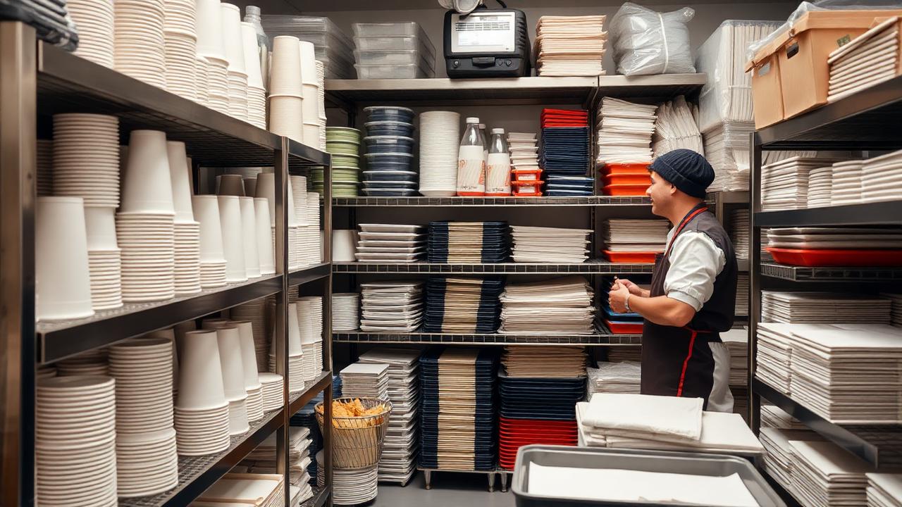 Catering disposables, cups, trays and front-of-house supplies stored in a professional commercial kitchen store