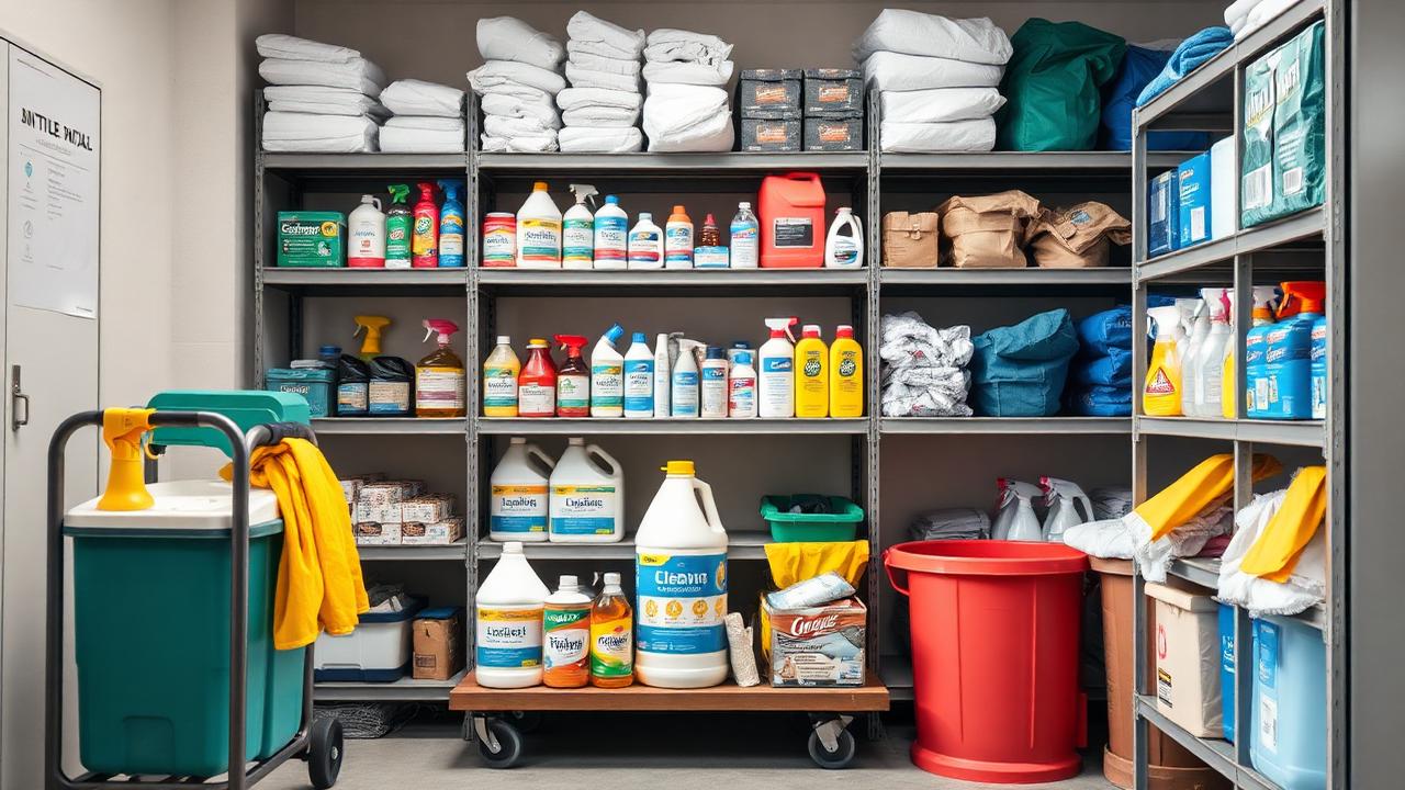 Cleaning chemicals, janitorial paper products and waste consumables stocked on shelving beside a cleaning trolley