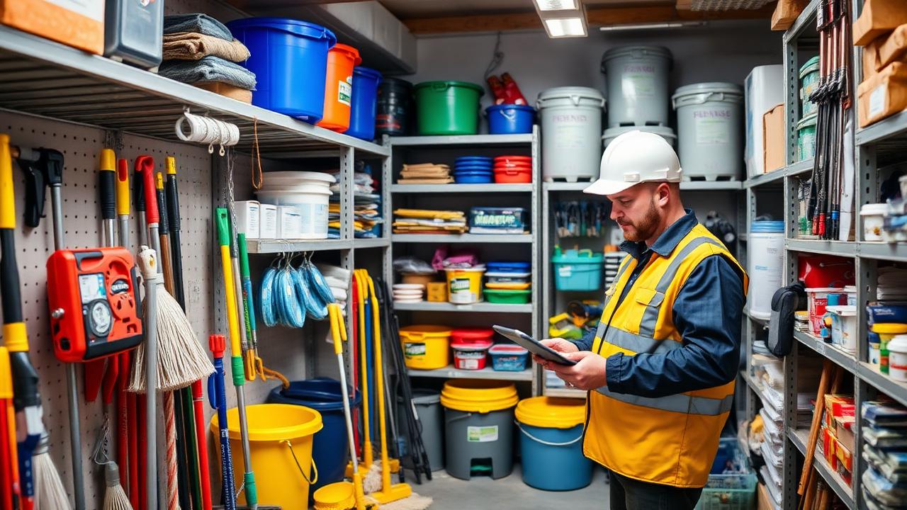 Facilities consumables, mops, buckets and small maintenance equipment stored in an organised building services room