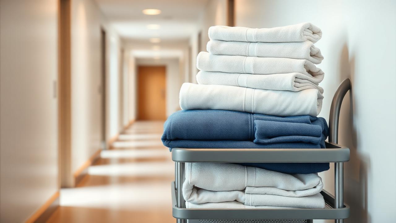 Fresh folded linen and guest room products stacked on a housekeeping trolley in an accommodation corridor