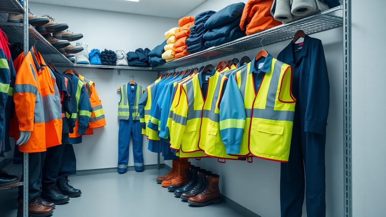 Workwear uniforms, safety footwear, gloves and hi-vis personal protective equipment organised on shelving in a clean supply room