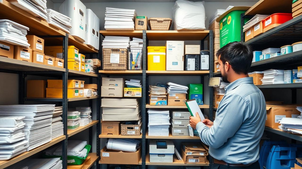 Everyday office, welfare and workplace supplies organised in a stockroom with an employee restocking a shelf