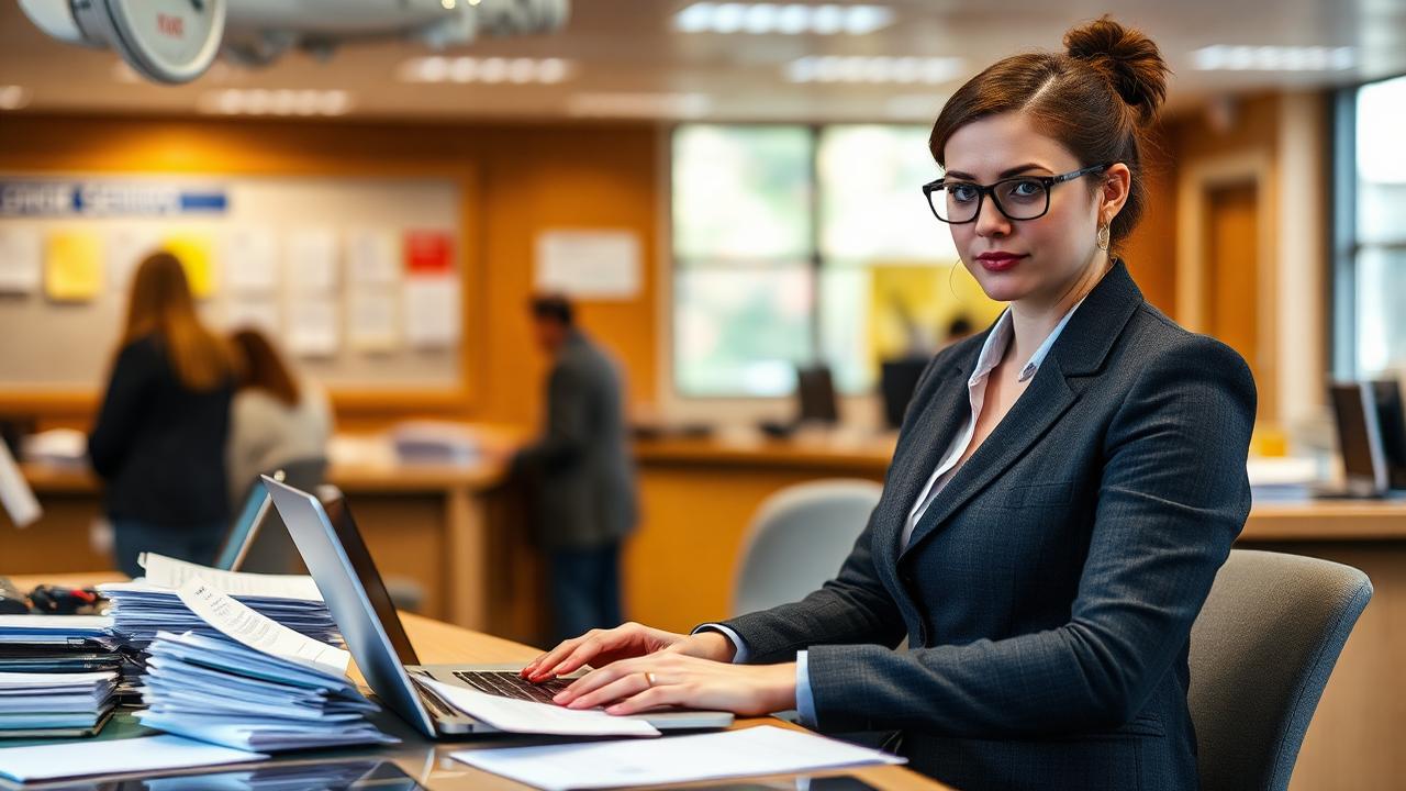 Administrator working through rostering paperwork and a laptop at a busy service reception desk