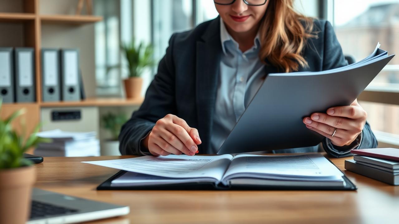 Compliance officer checking identity documents, references and clearance paperwork at an office desk