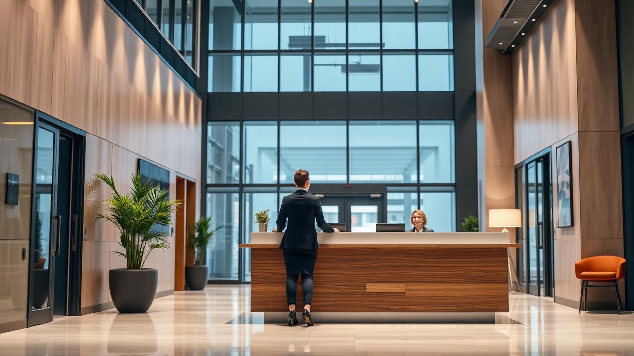 Receptionist welcoming a visitor at the reception desk of a modern commercial office building