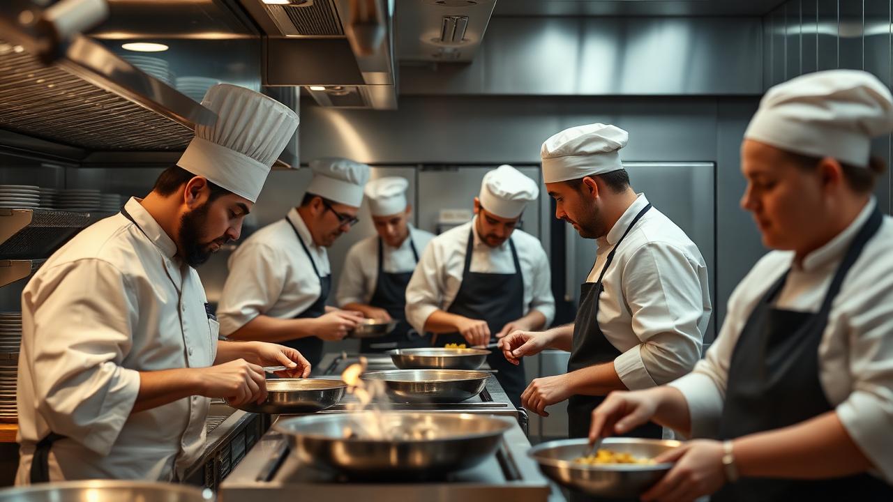 Chefs and kitchen porters working through service in a professional commercial kitchen