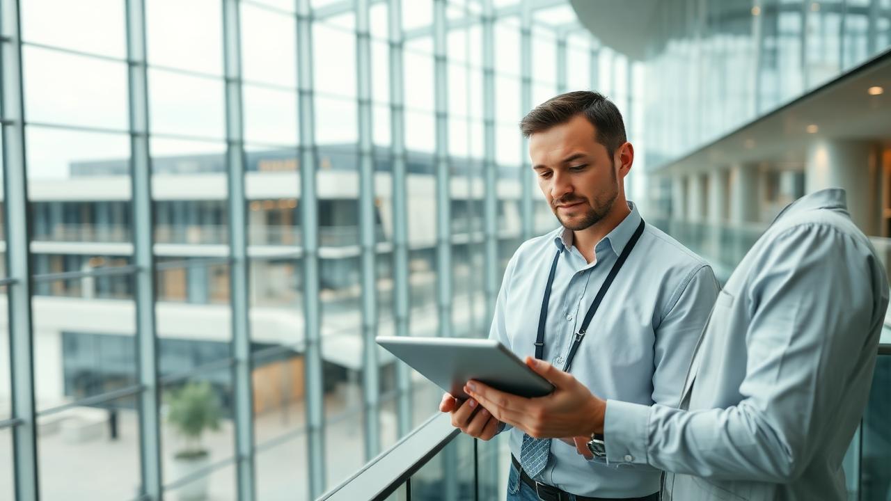Facilities manager reviewing service standards across a portfolio on a tablet in a glazed commercial atrium