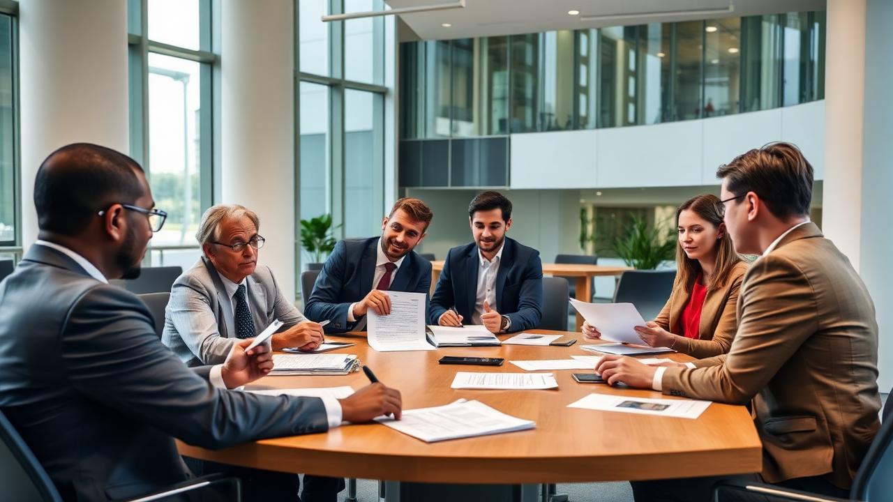 Public sector procurement panel reviewing contract and budget documents around a meeting table