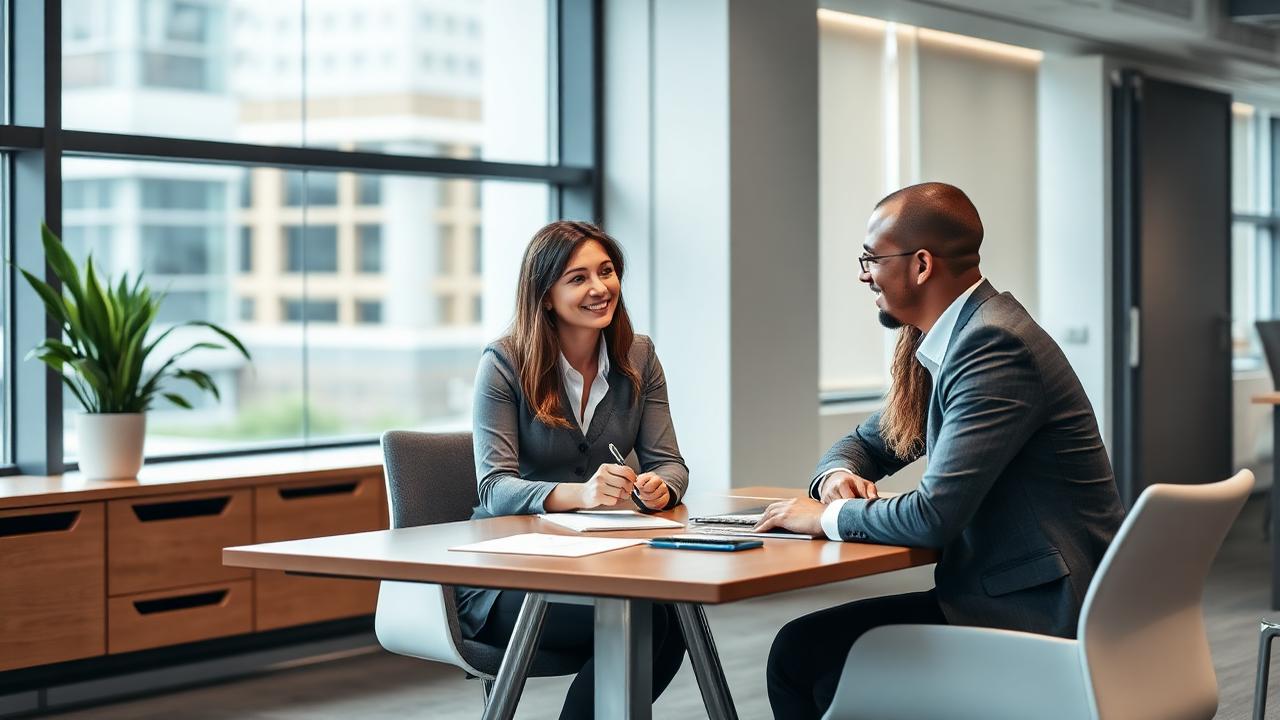 Recruiter interviewing a candidate across a table in a modern office