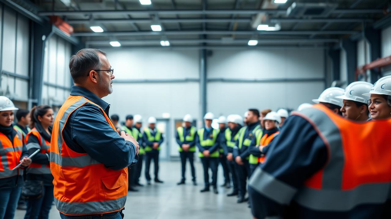 Supervisor briefing a large temporary workforce team before a peak-season shift