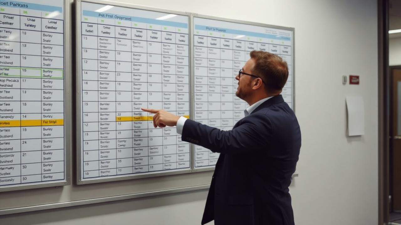 Operations manager filling open shifts on a large rota planning board with a colleague