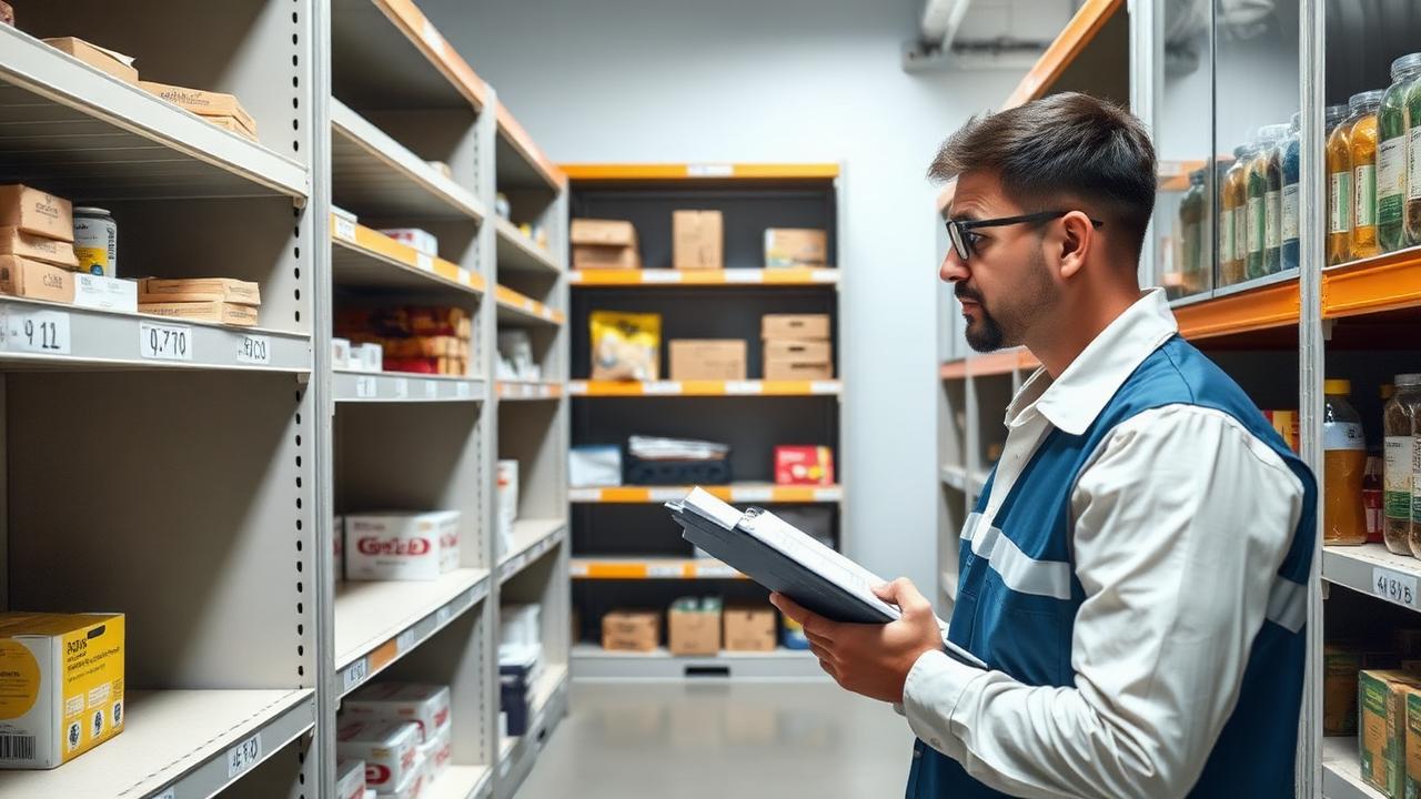 Worker with a clipboard checking nearly empty consumable shelves in a workplace store room