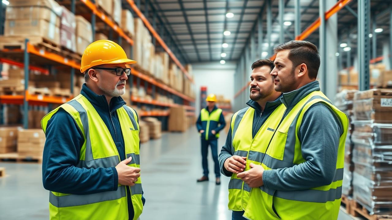 Warehouse operatives on a shift handover beside racking and pallets in a distribution centre