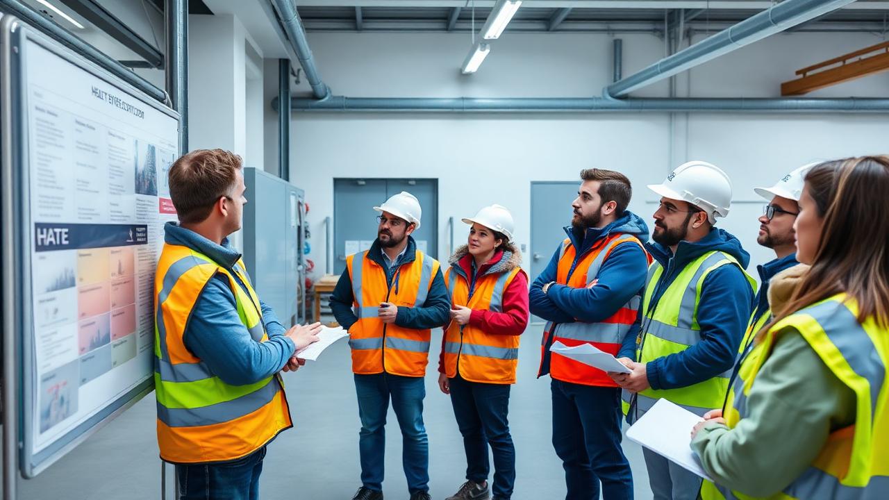 Health and safety compliance briefing with staff in hi-vis listening to a trainer at a safety board