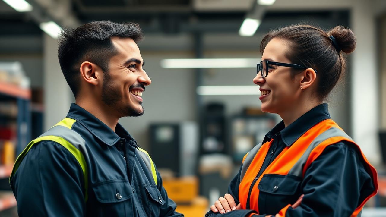 Confident worker in uniform in a supportive one-to-one conversation with a mentor in a modern workplace