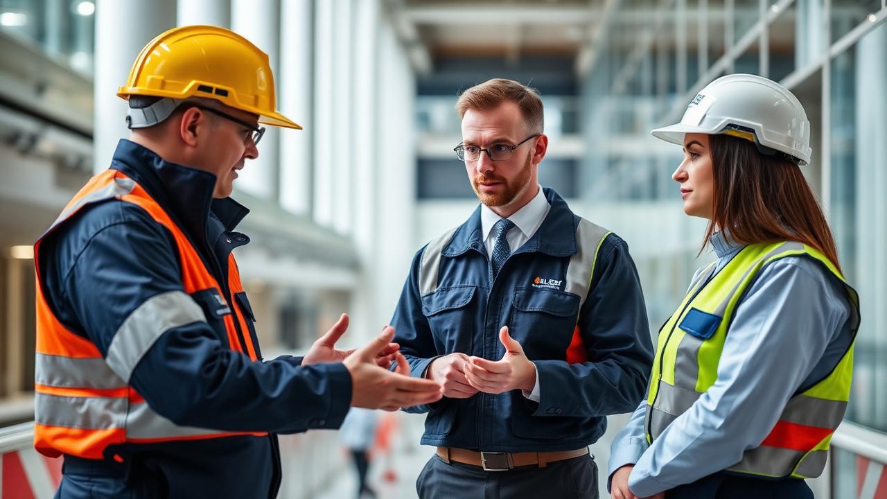 Supervisor demonstrating correct service standards and method to two uniformed operatives on site